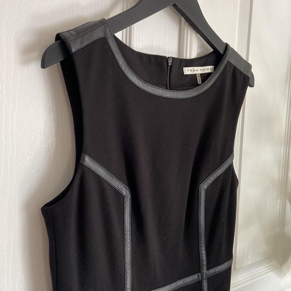Trina Turk Katharine Black Faux Leather Piping Ponte Knit Sheath Dress - Picture 4 of 13